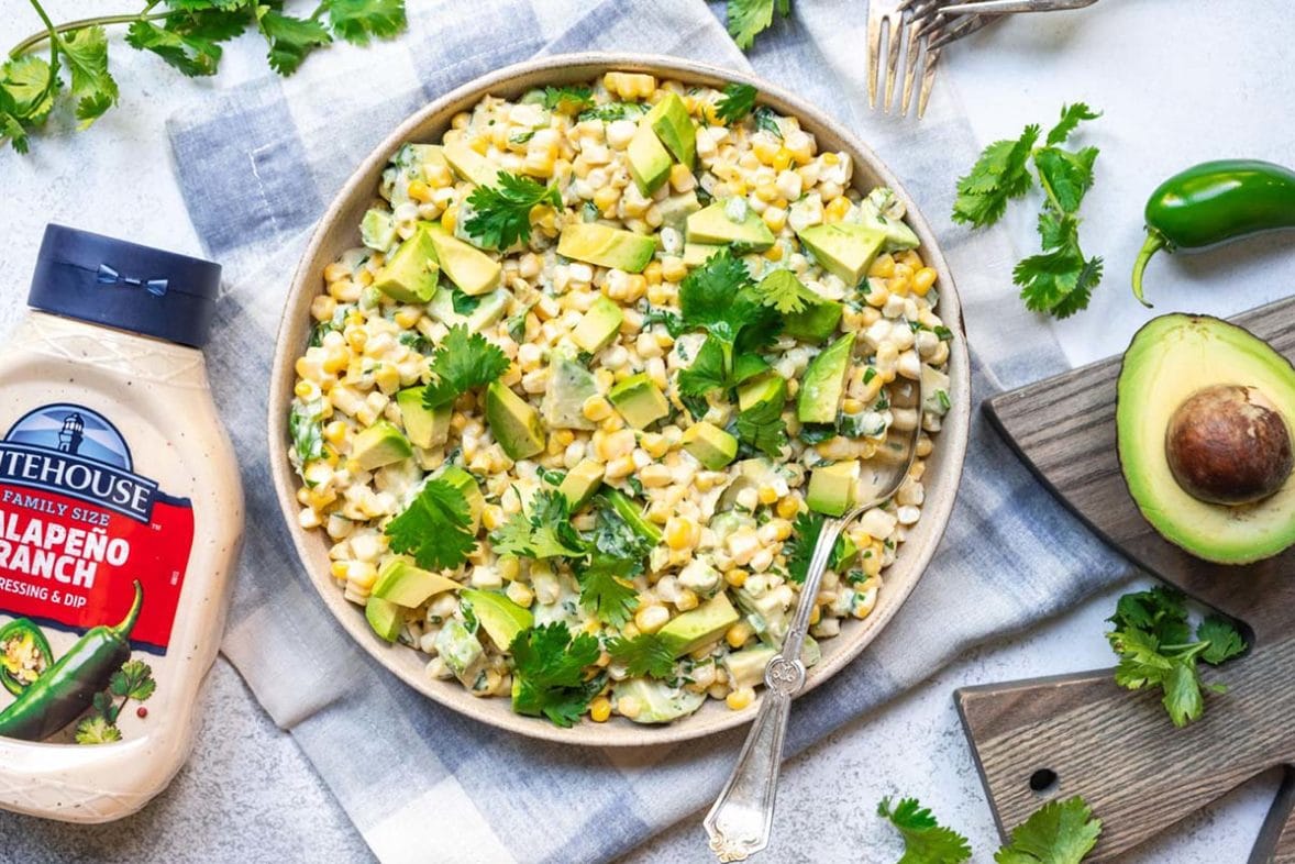 Corn Jalapeño Ranch Salad with Avocado ready to serve