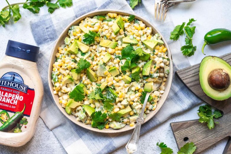 Corn Jalapeño Ranch Salad with Avocado ready to serve