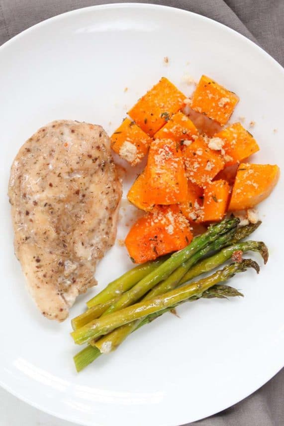 Plate of One-Pan Balsamic Rosemary Chicken and Butternut Squash