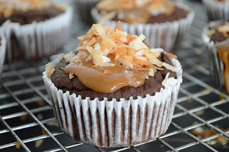 Freshly topped Caramel Coconut Black Bean Brownies