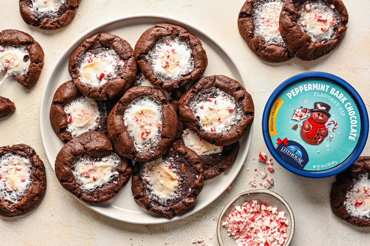 Hot Chocolate Cookies made with Litehouse Peppermint Bark Chocolate Dip