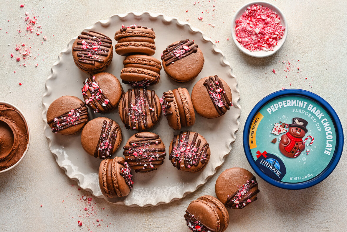 Chocolate Peppermint Macarons made with Litehouse Peppermint Bark Chocolate Dip