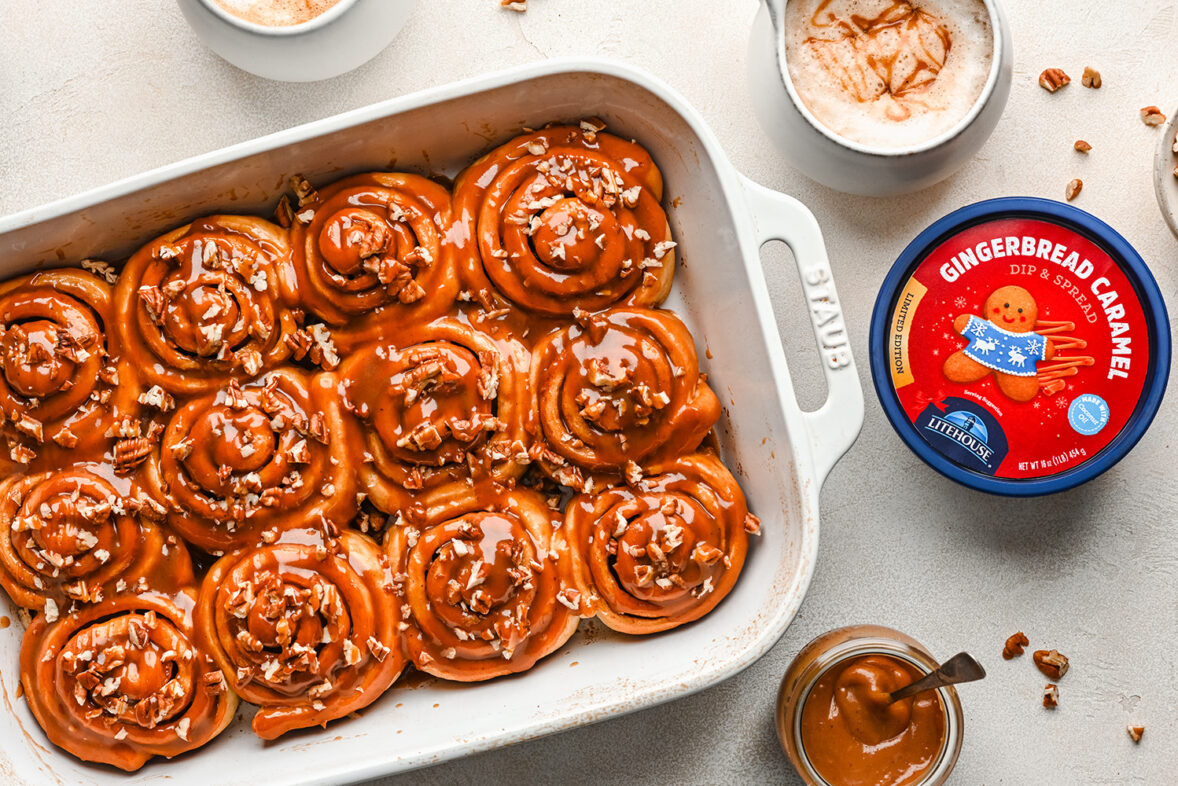 Gingerbread Caramel Cinnamon Rolls made with Litehouse Gingerbread Caramel Dip