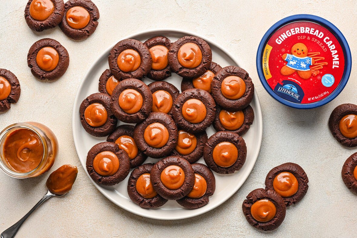 Chocolate thumbprint cookies made with Litehouse Gingerbread Caramel Dip