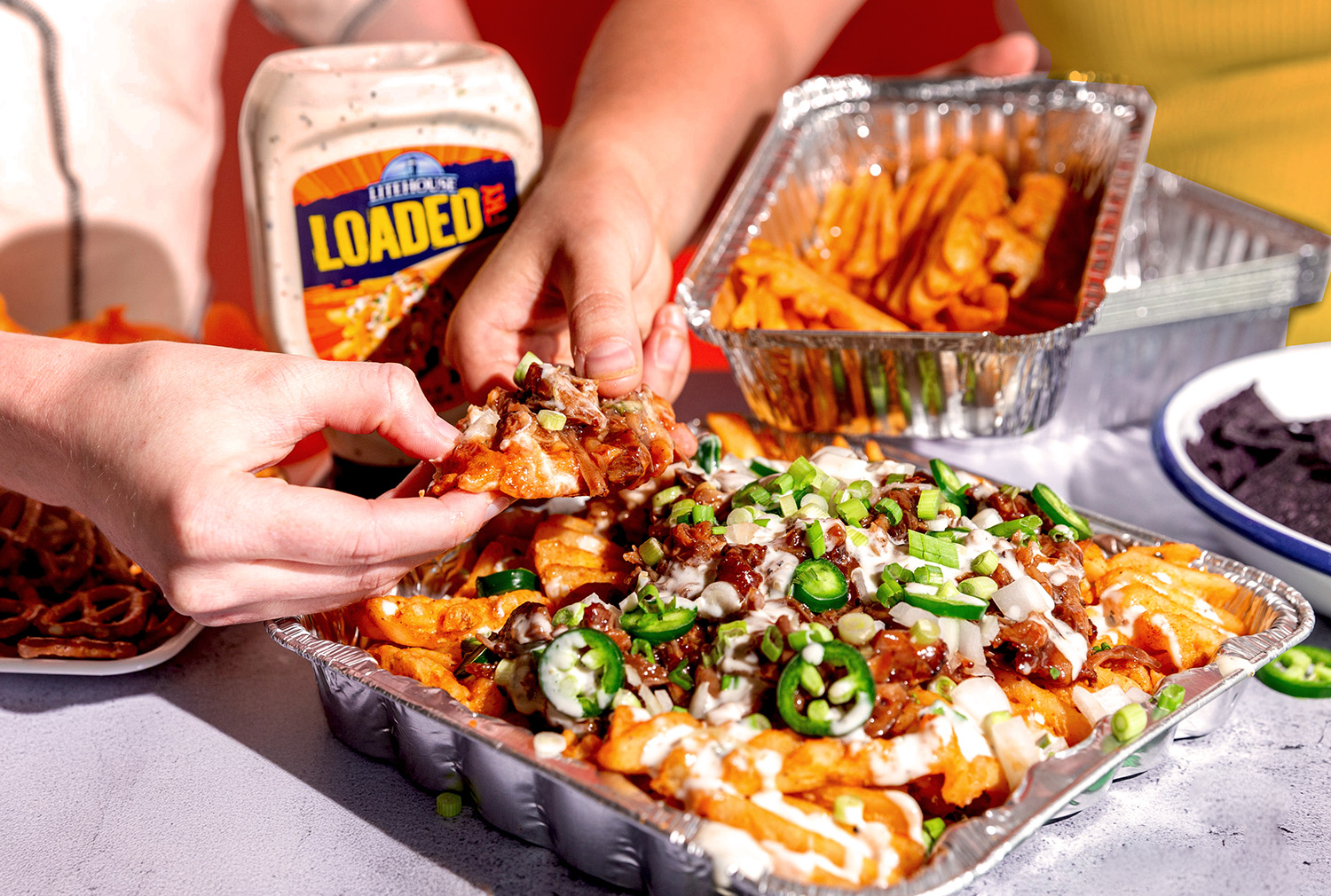 BBQ Pulled Pork Fries Reicpe with Litehouse Chunky Blue Cheese Dressing